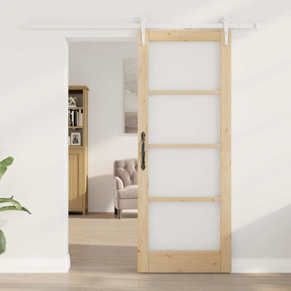 vidaXL Sliding Door Natural 78 x 202 cm Solid Pine Wood and Glass