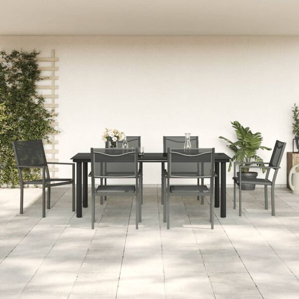 vidaXL 7 Piece Garden Dining Set Black Steel and Textilene