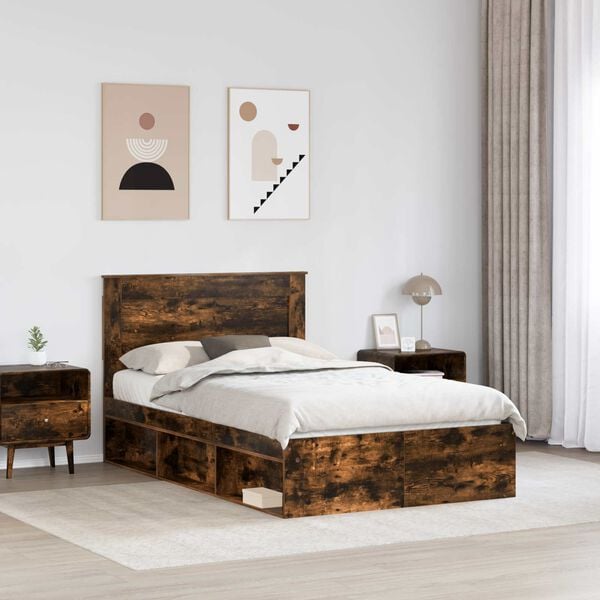 vidaXL Bed Frame with Drawer Smoked Oak 120 x 190 cm Solid Pine Wood