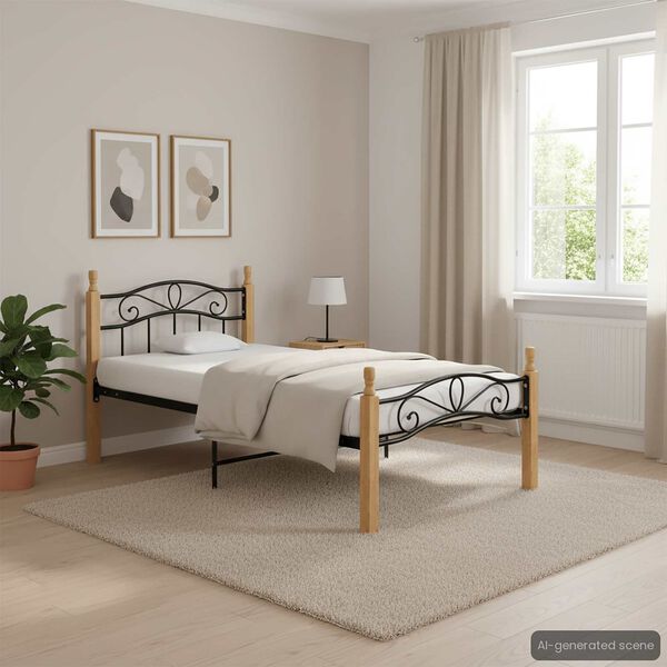 vidaXL Bed Frame without Mattress Black Metal&Solid Oak Wood 90x200 cm