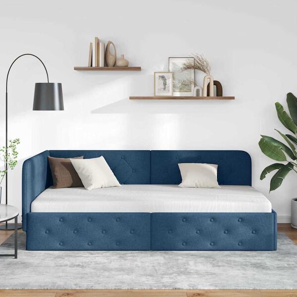 vidaXL Corner Bed Frame with Headboard Blue 100 x 200 cm Fabric