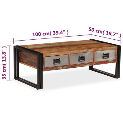 vidaXL Coffee Table with 3 Drawers Solid Reclaimed Wood 100x50x35 cm