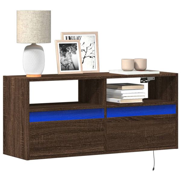 vidaXL TV Wall Cabinet with LED Lights Brown Oak 100x31x45 cm