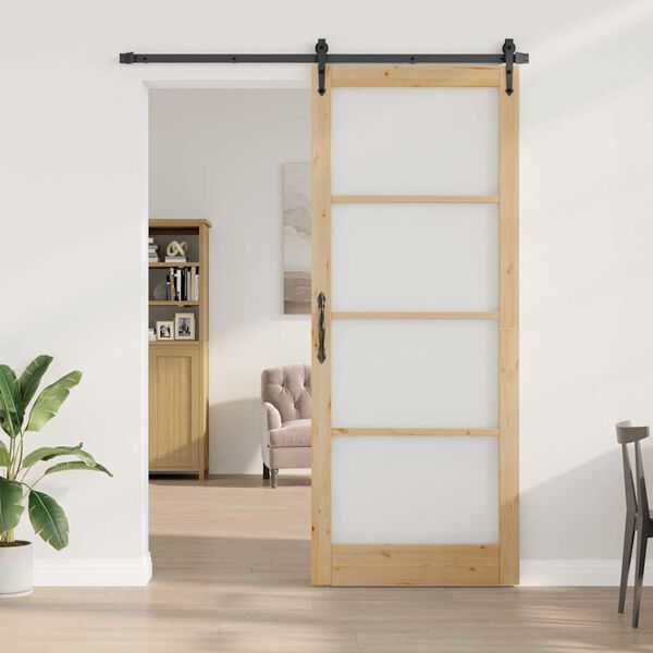 vidaXL Sliding Door Natural 83 x 232 cm Solid Pine Wood and Glass