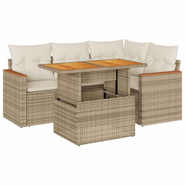vidaXL 5 Piece Garden Sofa Set with Cushions Beige Poly Rattan Acacia