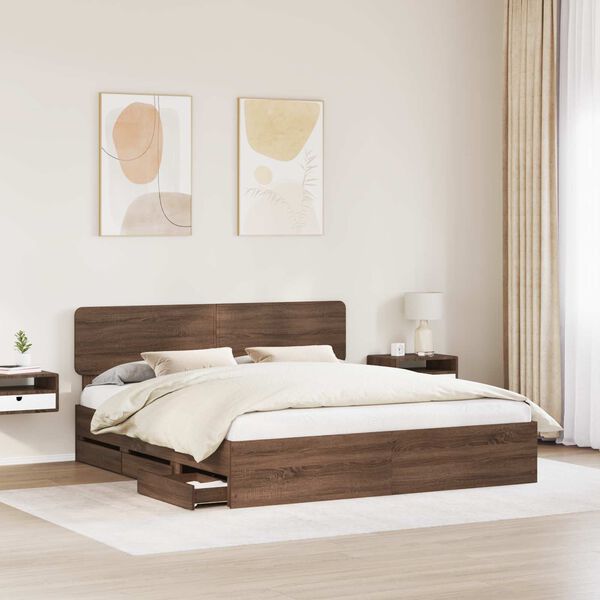 vidaXL Bed Frame with Drawer Brown Oak 200 x 200 cm Engineer Wood