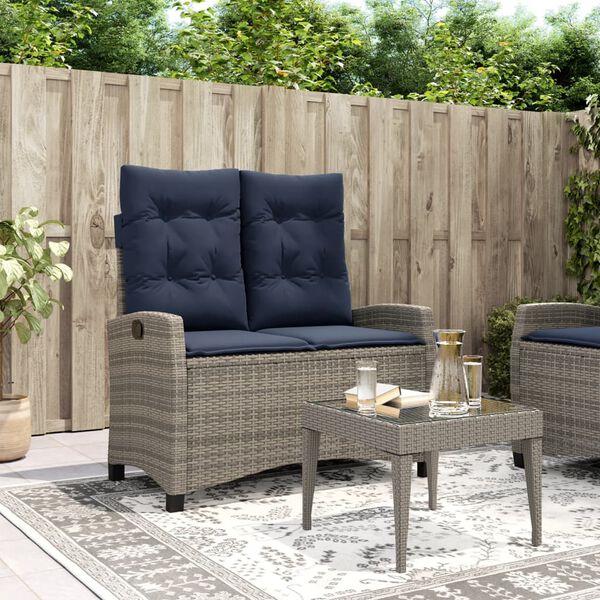 vidaXL Reclining Garden Bench with Cushions Grey Poly Rattan