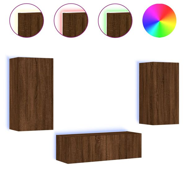 vidaXL 3 Piece TV Wall Cabinets with LED Lights Brown Oak