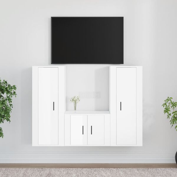 vidaXL 3 Piece TV Cabinet Set High Gloss White Engineered Wood