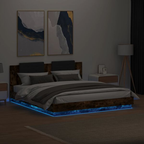 vidaXL Bed Frame with LED without Mattress Smoked Oak 160x200 cm