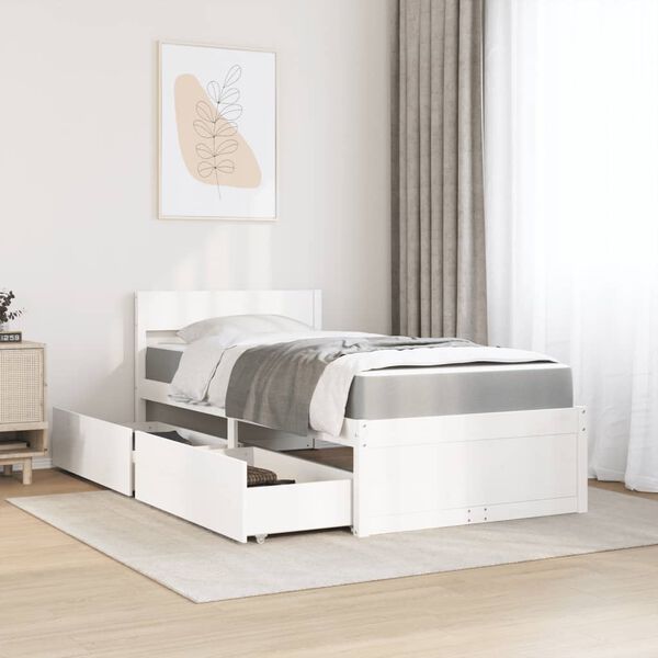 vidaXL Bed with Drawers and Mattress White 100x200 cm Solid Wood Pine