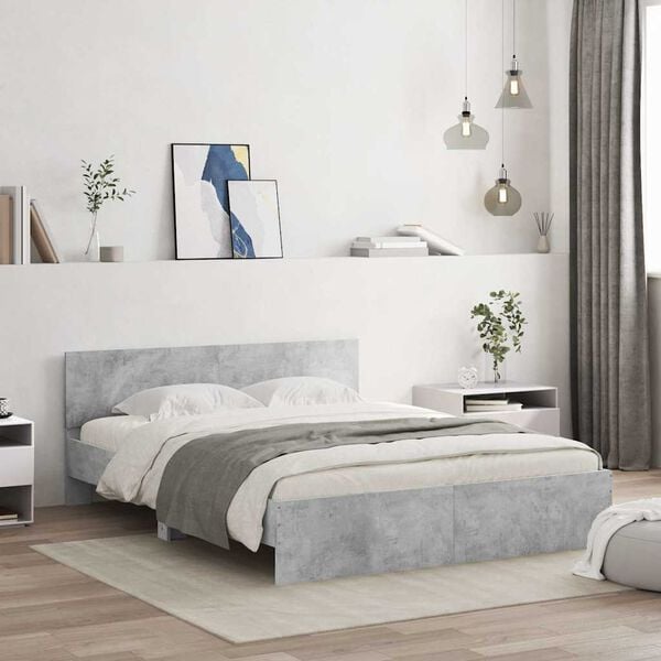 vidaXL Bed Frame with Headboard and LED Concrete Grey 150x200 cm King Size