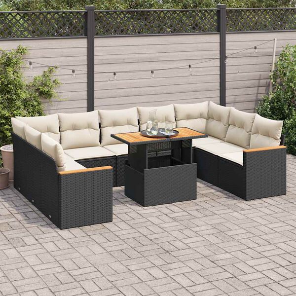vidaXL 10 Piece Garden Sofa Set with Cushions Black Poly Rattan Acacia