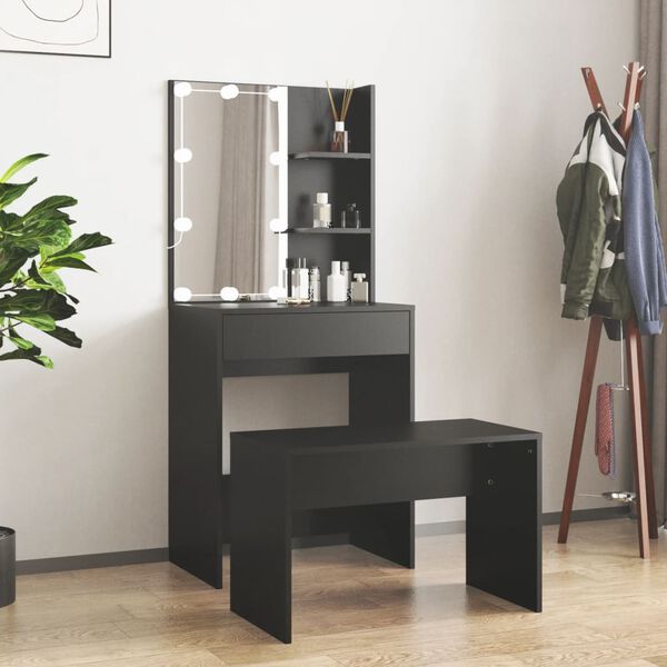 vidaXL Dressing Table Set with LED Black Engineered Wood