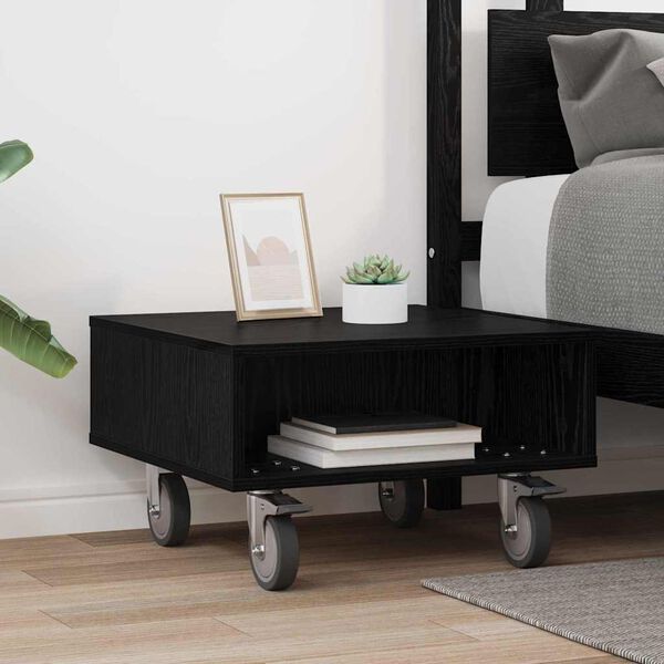 vidaXL Side Table with Wheels Black Oak 50.5 x 50 x 30 cm