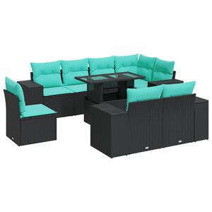 vidaXL 9 Piece Garden Sofa Set with Cushions Black Poly Rattan Acacia