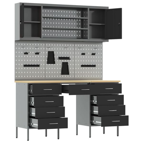 vidaXL Work Cabinet with Drawer 7 pcs Black 150 x 55 x 200 cm
