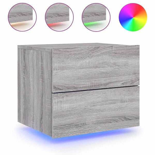 vidaXL Wall-mounted Bedside Cabinet with LED Lights Grey Sonoma