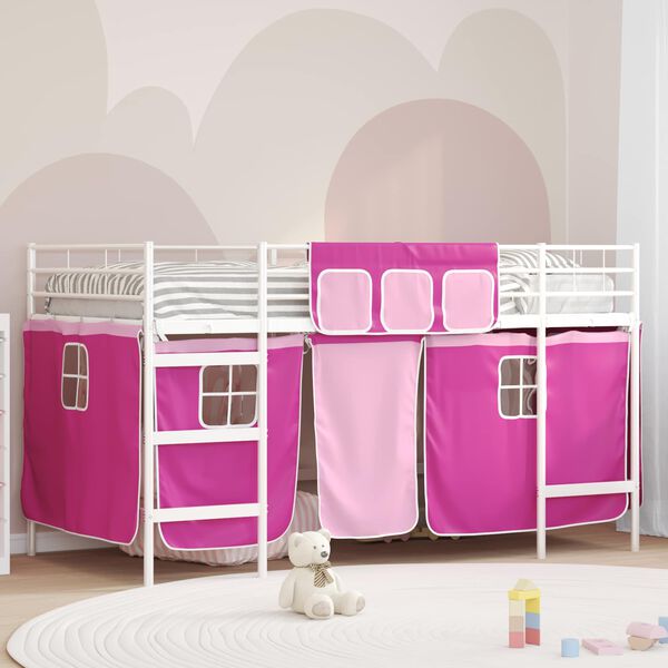 vidaXL Kids'Loft Bed Frame with Curtains White and Pink 99.5 x 200 cm