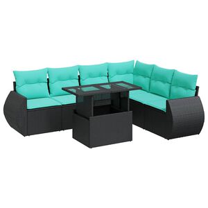vidaXL 7 Piece Garden Sofa Set with Cushions Black Poly Rattan Acacia