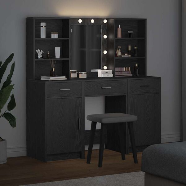 vidaXL Dressing Table Set with Drawer 3 pcs Black oak Engineered wood