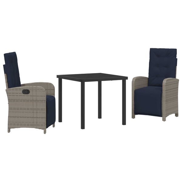 vidaXL Garden Dining Set with Cushion 3 pcs Grey Poly Rattan
