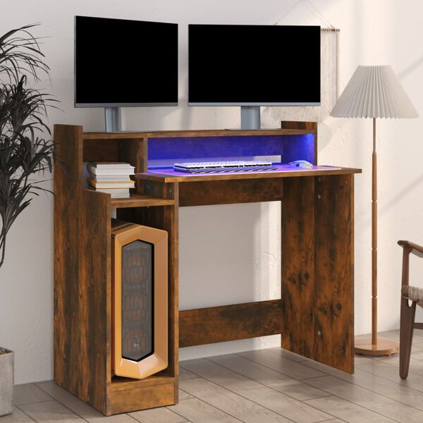 vidaXL Desk with LED Lights Smoked Oak 97x45x90 cm Engineered Wood