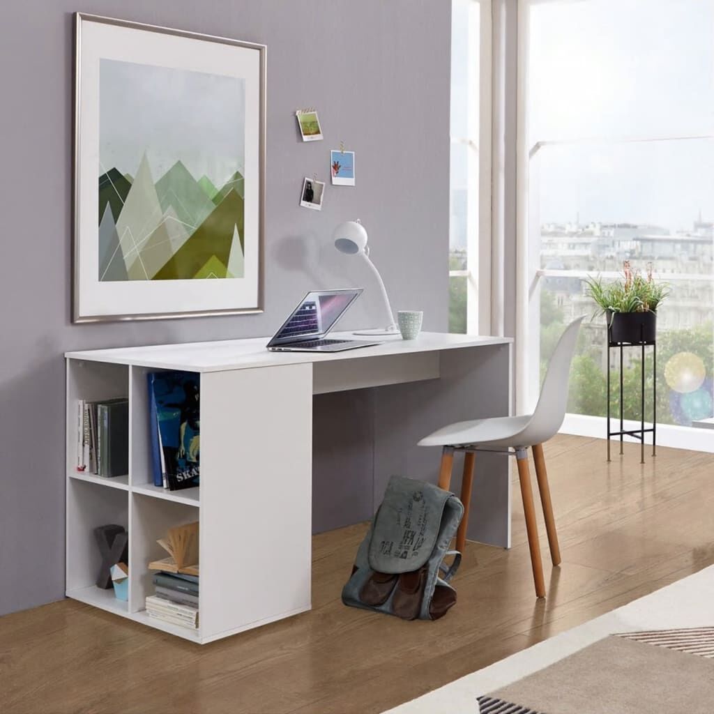 White desk with side on sale shelves