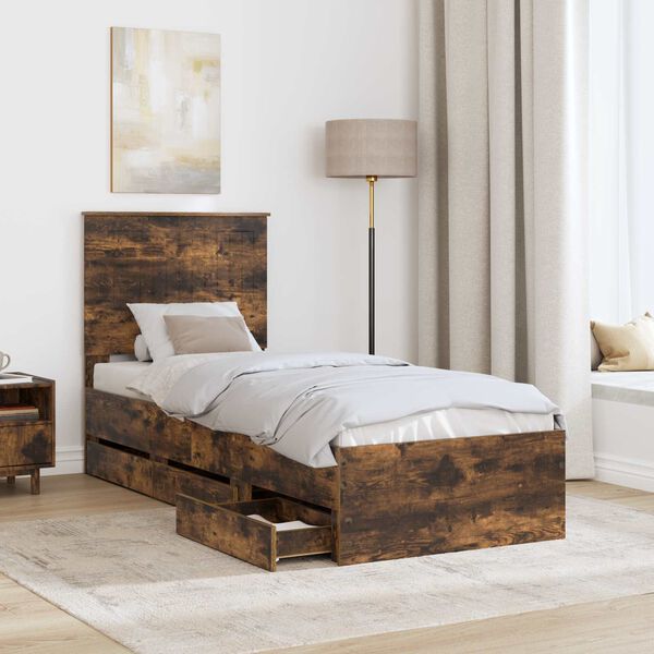 vidaXL Bed Frame with Drawer Smoked Oak 75 x 190 cm Engineer Wood