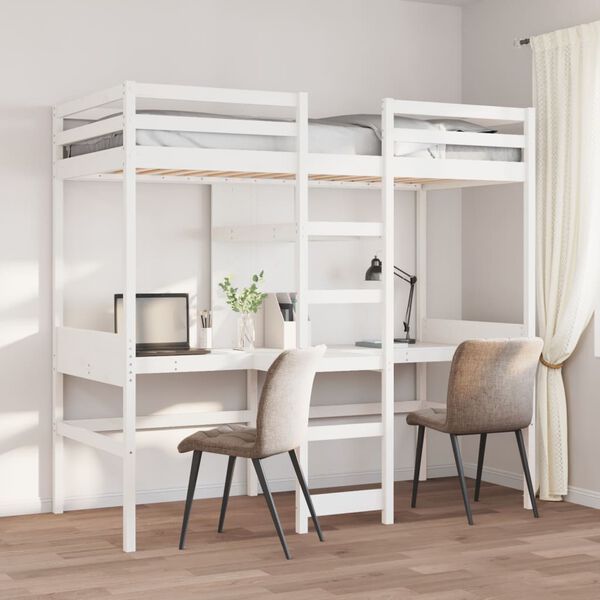 vidaXL Loft Bed Frame with Desk and Shelves White 90x200cm Solid Wood Pine