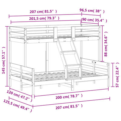 vidaXL Bunk Bed 90x200/120x200 cm Solid Wood Pine