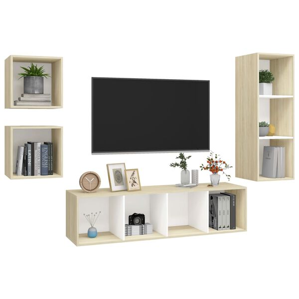 vidaXL 4 Piece TV Cabinet Set White and Sonoma Oak Engineered Wood