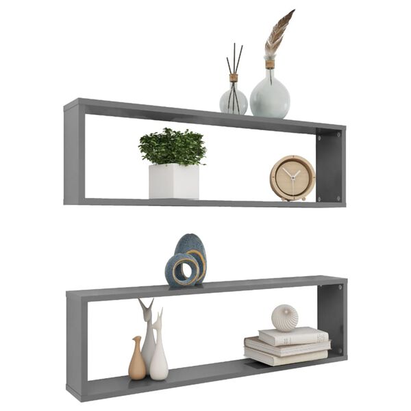 vidaXL Wall Cube Shelf 2 pcs High Gloss Grey 100x15x30 cm Engineered Wood
