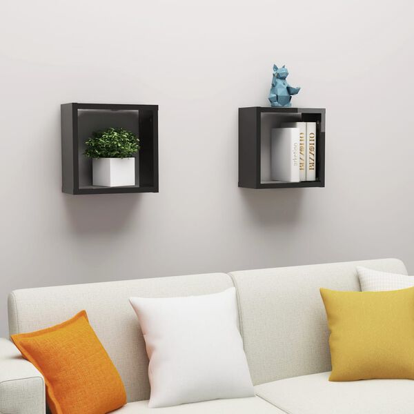 vidaXL Wall Cube Shelves 2 pcs High Gloss Black 30x15x30 cm