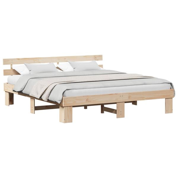vidaXL Bed Frame with Headboard Natural 200 x 200 cm Solid Pine Wood