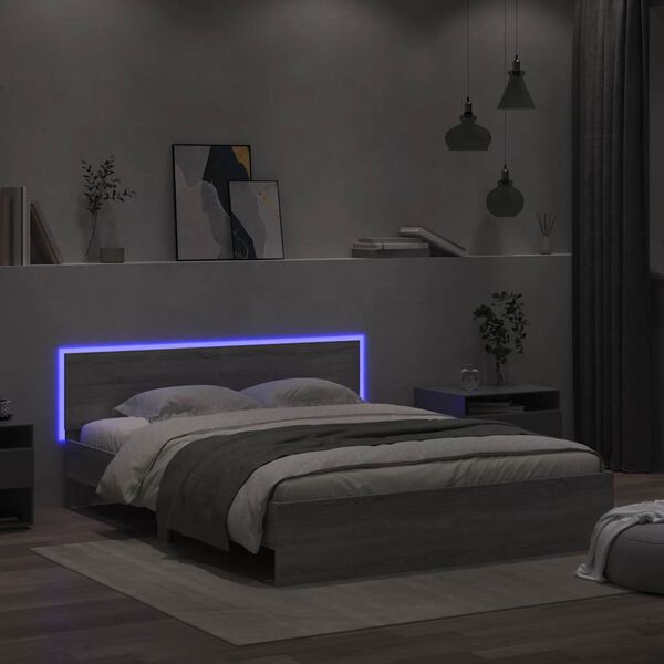 vidaXL Bed Frame with Headboard and LED Grey Sonoma 150x200 cm King Size