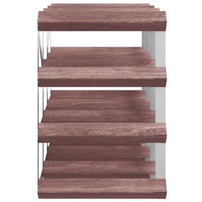 Front view of a narrow multi-tier wooden wine rack with multiple shelves.