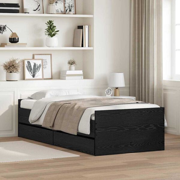 vidaXL Bed Frame with Drawer Black Oak 90 x 200 cm Solid Pine Wood