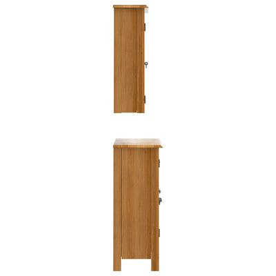 Vertical images of a tall wooden cabinet and a tall wooden storage cabinet.
