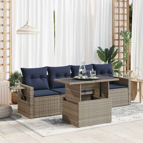 vidaXL 5 Piece Garden Sofa Set with Cushions Grey Poly Rattan