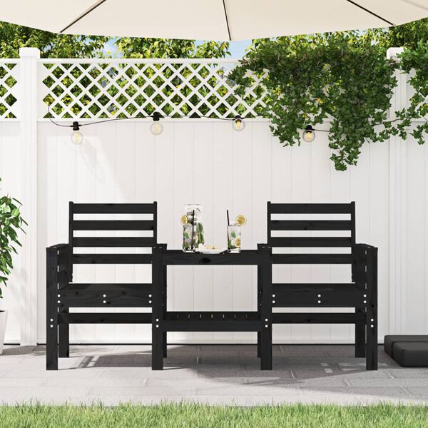 vidaXL Garden Bench with Table 2-Seater Black Solid Wood Pine