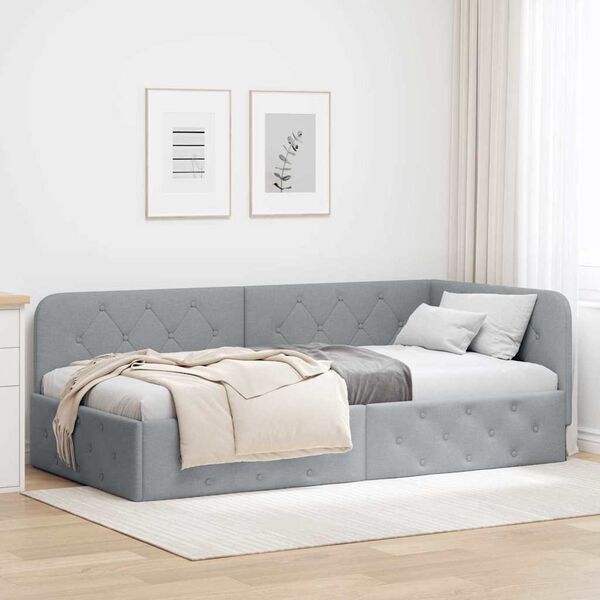 vidaXL Corner Bed Frame with Headboard Light Grey 100 x 200 cm Fabric