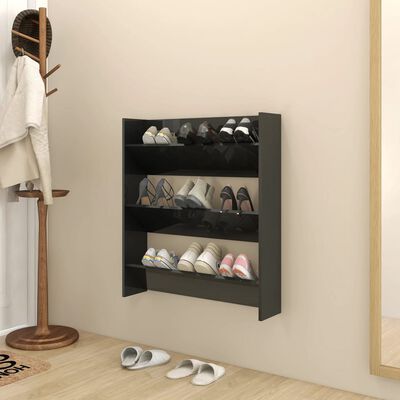 vidaXL Wall Shoe Cabinet High Gloss Black 80x18x90 cm Engineered Wood