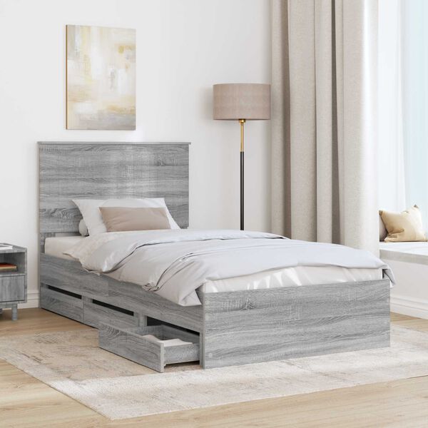 vidaXL Bed Frame with Drawer Grey Sonoma 100 x 200 cm Engineer Wood