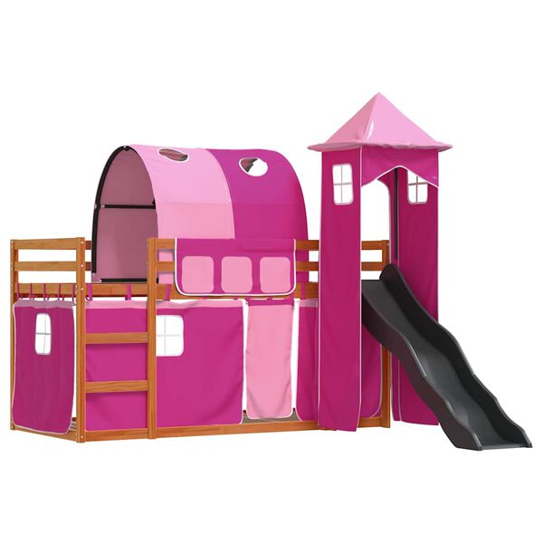 vidaXL Bunk Bed without Mattress with Slide and Curtains Pink 90x200 cm