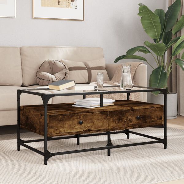 vidaXL Coffee Table with Glass Top Smoked Oak 98.5x50x45 cm Steel