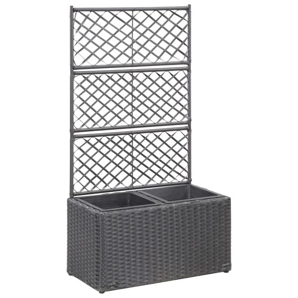 vidaXL Trellis Raised Bed with 2 Pots 58x30x107 cm Poly Rattan Black
