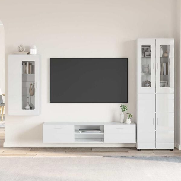 vidaXL TV Cabinet Set with Drawer High Gloss White Engineered Wood