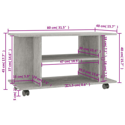 vidaXL TV Cabinet with Castors Concrete Grey 80x40x45 cm Engineered Wood