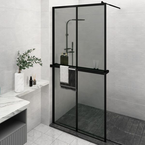 vidaXL Walk-in Shower Wall with Shelf Black 118x190 cm ESG Glass&Aluminium